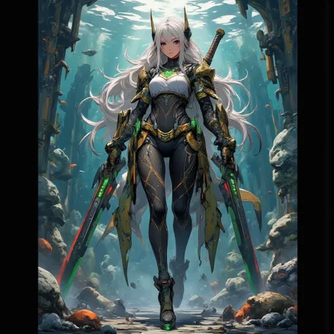 - Main Character, Adult Female "Guatemala", Beautiful, Tall, Long Legs, Long Blonde Hair Ponytail.

- Wearing a costume ("Full Sexy Armor").
The Chest and Thigh Armor are slightly open.
Futuristic Costume Design. Has very clear scale details.
Wearing fishn...