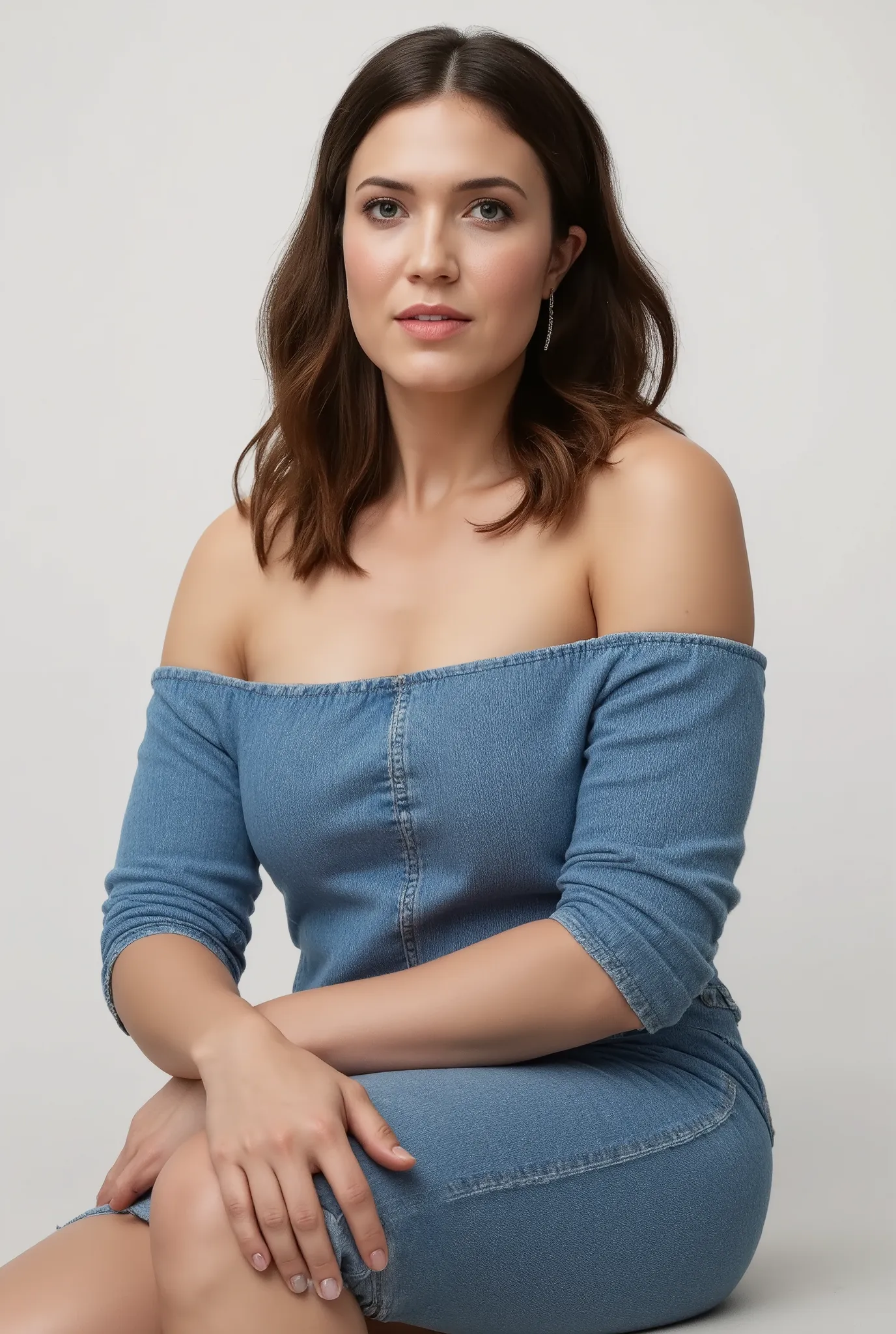 best quality, highres, 8k, masterpiece, photography, detailed midbody photorealistic portrait. Mandy Moore modelling a blue denim jumpsuit for Vanity Fair, styled braless to highlight the clean lines of the design. The jumpsuit features a relaxed fit and r...