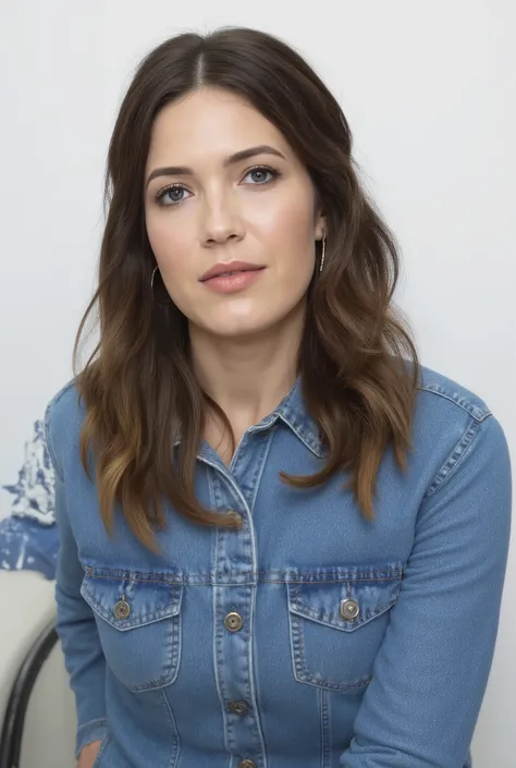 best quality, highres, 8k, masterpiece, photography, detailed midbody photorealistic portrait. Mandy Moore modelling a blue denim jumpsuit for Vanity Fair, styled braless to highlight the clean lines of the design. The jumpsuit features a relaxed fit and r...