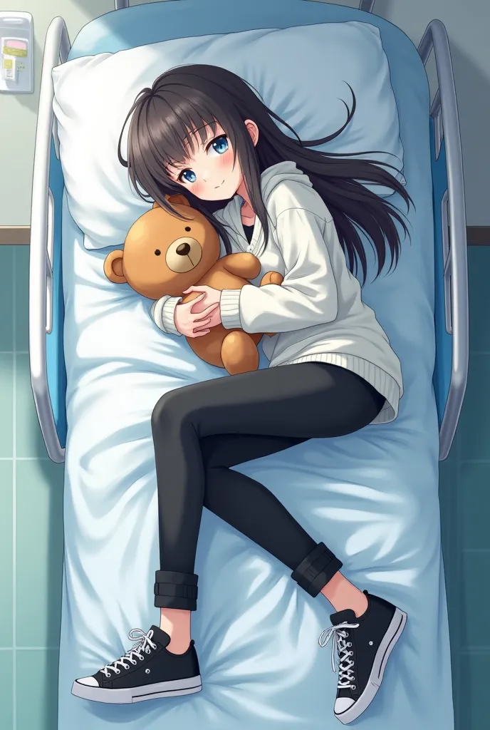  18 year old girl, white skin,  long dark brown hair ,  sky blue eyes, white flannel,  black pants,  black sports shoes, who is lying sleeping on a hospital stretcher with a teddy bear, She is hospitalized, anime style 