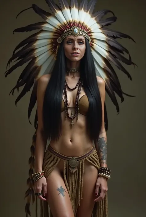 Create a scene with an Indian chief's daughter, as a confident woman with huge real breasts.  She has a long , flowing dark hair,  styled smoothly and straight , , a cascade running over her shoulders . She is very slim and has a very lush bust. Big real b...