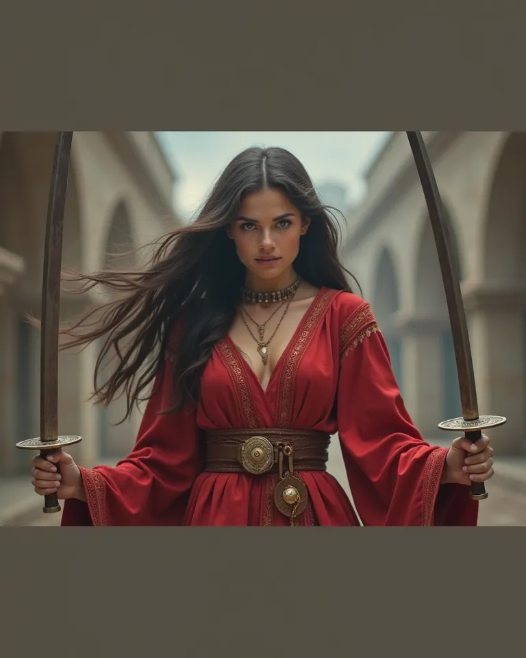 A Cossack woman with long dark hair in a red Cossack folk dress is dancing with two swords, Brown hair,  brown eyes, simple background,  background blur, 