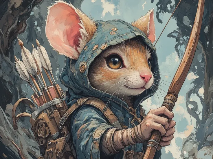 small mouse with hood, holding bow and arrow,  In fantasy art style, masterpiece,  best quality , Super Detail, an epic, 4K, cinematic light, ultra-detailed,  8k resolution ,(high quality, 8k, 4K, high contrast, masterpiece: 1.2, 最high quality, best aesthe...