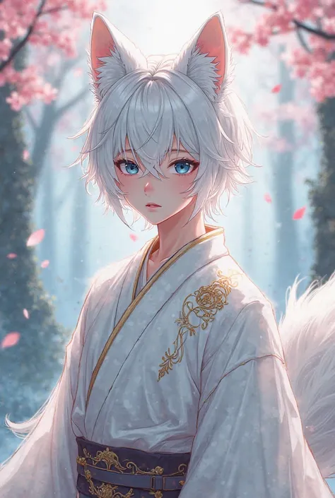 Anime boy character,  Kitsune,  with white hair, long hair, fringe, 
 blue eyes, wearing a white kimono with gold details.