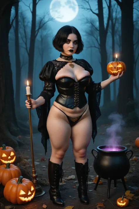 (goth girl), (SHORT GIRL:1.5) ,1 girl,, Outside, witch costume ,gold neck jewelry, (VERY LONG HAIR), PARTED BANGS, pumpkin village, PARTED BANGS, PANTIES THONG, , Thick GOLDEN leather HEART belt, Ceremonial Cloak ,Gothic LEATHER corset, Halloween forest,go...