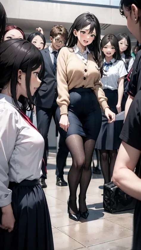  female teacher pees during group photo shoot、incontinence、pee yourself、 lots of pee 、from below、 white suit、 high heels、 Perfect Body 、very beautiful、 aligning up with students in front of the school building 、upright、Female Teacher Who Is Embarrassed and...