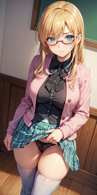  1 female,high definition,dementia,  ultra-realistic  ,8K,Rebecca Hawkins ,  green eyes , blond hair,  long hair, choke, blows, glasses , school uniform, tie,  pink jacket, plaid skirt, skirt, short skirt, zettai ryouiki,European,sexy,Close-up of the upper...