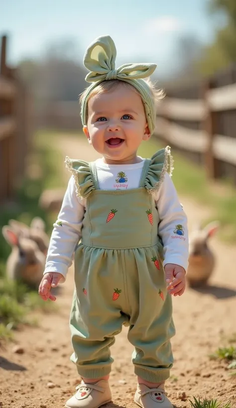 A cheerful baby in a sage-green romper adorned with tiny carrot and bunny prints. The ruffled straps have soft beige lace details, giving a rustic charm. The baby wears a white long-sleeve shirt with tiny bunny footprints, along with a matching green headb...