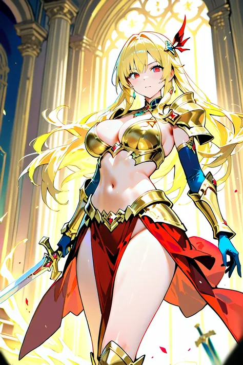  Gold。 transformation heroine。 bullish expression。Exposed Armor。stomach。 thighs。Jewelry decoration。 holding a sword 。