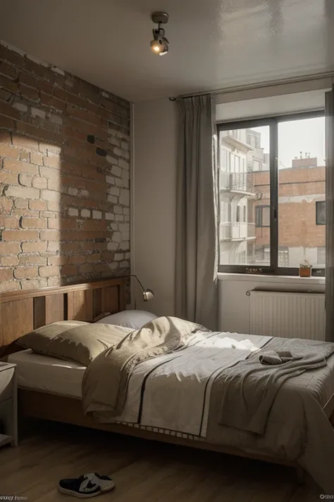 there is a bed and a refrigerator in a room with a brick wall, a screenshot inspired by Harriet Backer, polycount, conceptual art, personal room background, bedroom background, wall ], grimy streets backdrop, the background is misty, detailed textures and ...