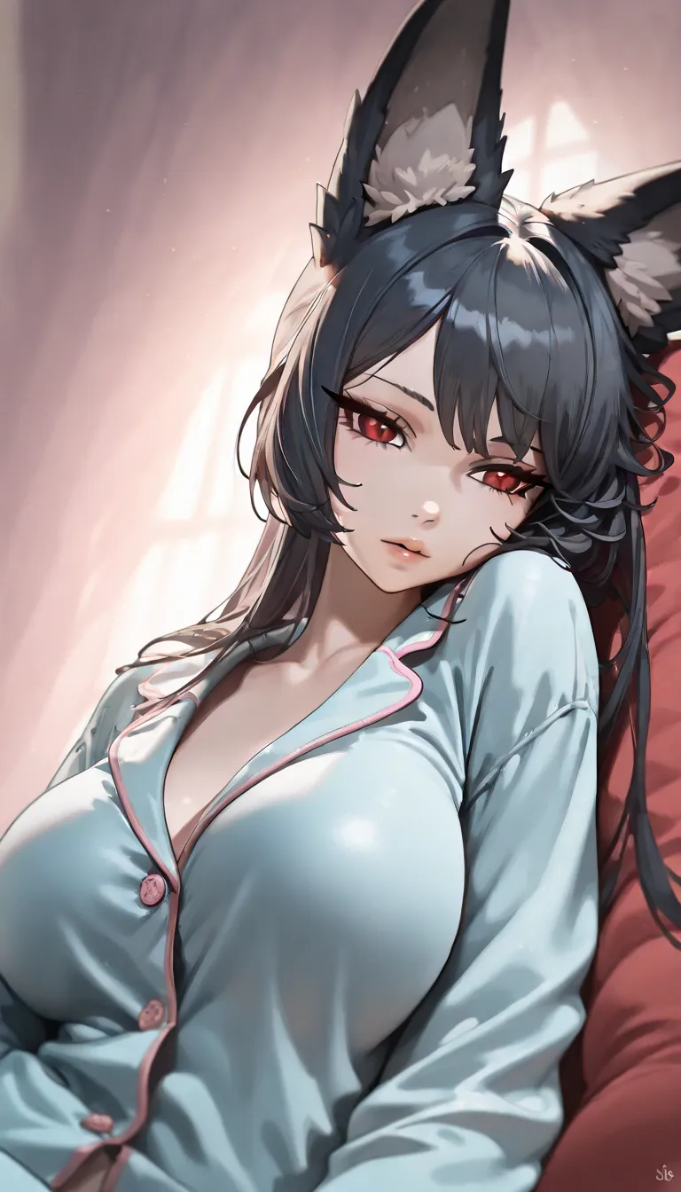 1girl, beautiful detailed eyes, beautiful detailed lips, extremely detailed face, long eyelashes, fox ears, wearing oversized light blue pajamas , resting on bedsblack hair, red eyes, (best quality,4k,8k,highres,masterpiece:1.2),ultra-detailed, digital pai...