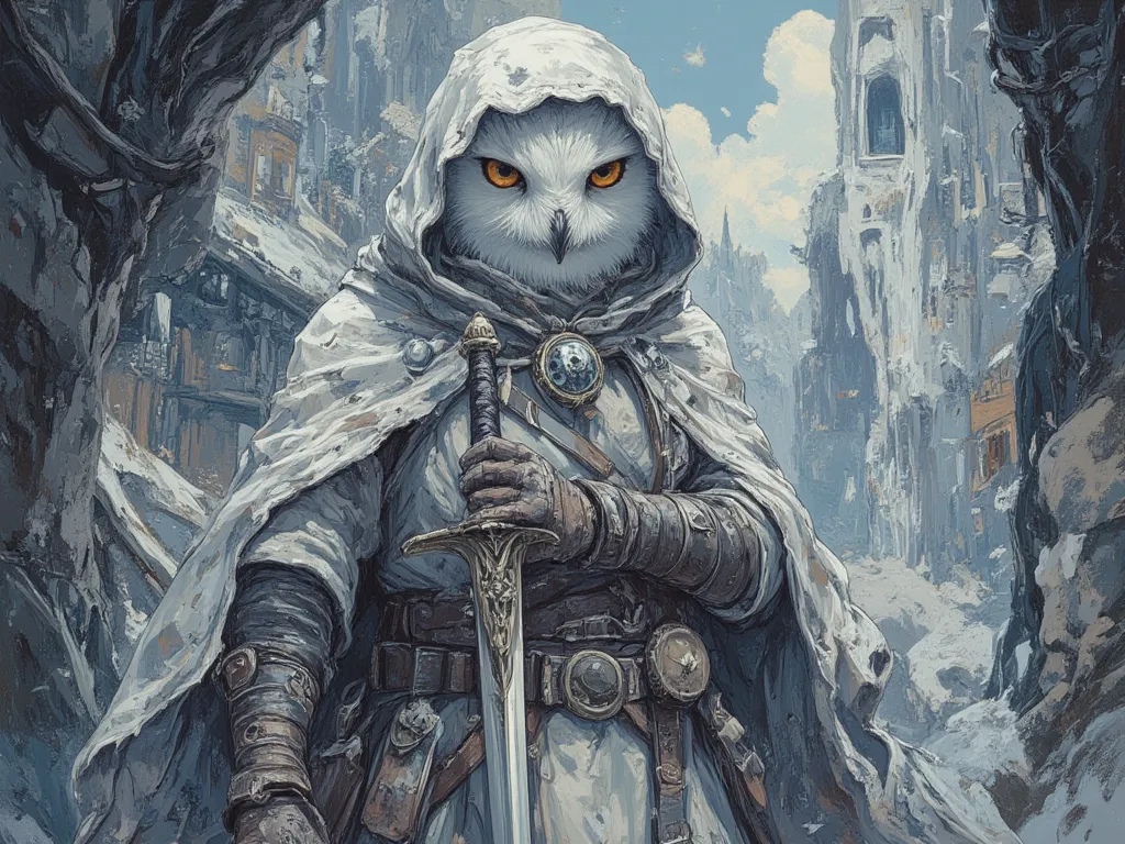 snow owl with hooded robe, holding a shortsword,  In fantasy art style, masterpiece,  best quality , Super Detail, an epic, 4K, cinematic light, ultra-detailed,  8k resolution ,(high quality, 8k, 4K, high contrast, masterpiece: 1.2, 最high quality, best aes...