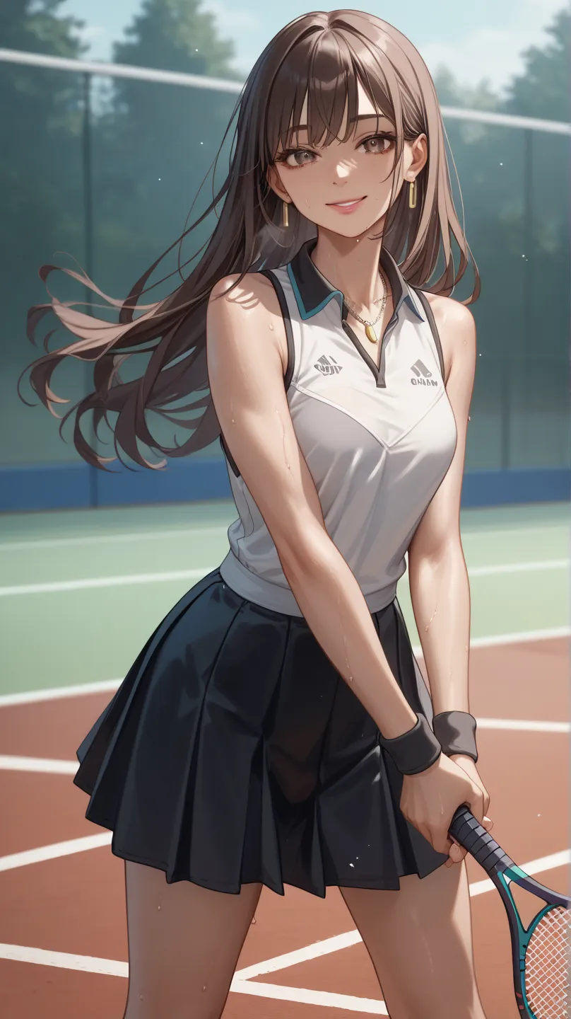 anime style、 one woman、pink lips、bangs、straight long hair、Dark brown hair、 Height、skinny、Anino breast、 silver necklace 、cool eyes、brown eyes、 Smile、one yellow earring、tennis uniform、black sleeveless shirt、black skirt、sweat、steam、Outdoors、 model pose、grab l...