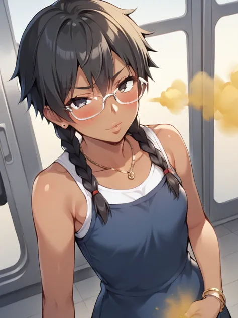  score_9,  score_8_ up,  score_7， score_6_ up,  score_5up， anime，nsfw， uncensored，masterpiece，TOP QUALITY， alone,  female 1 person,  human appearance  ,  black hair ,  braids , tomboy hairstyle giant , wearing glasses, blushing heavily ,  Sexy Body , big, ...