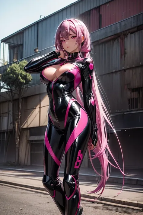 perfect anatomy　TOP QUALITY, highest resolution,(((shiny black rider suit　shiny dark pink hair　long hair　Deep pink eyes　shiny skin)))　long twin tail　 straight 　spy　expressionless　20 years old　curvy　woman　cool　Abandoned Factory　Bike