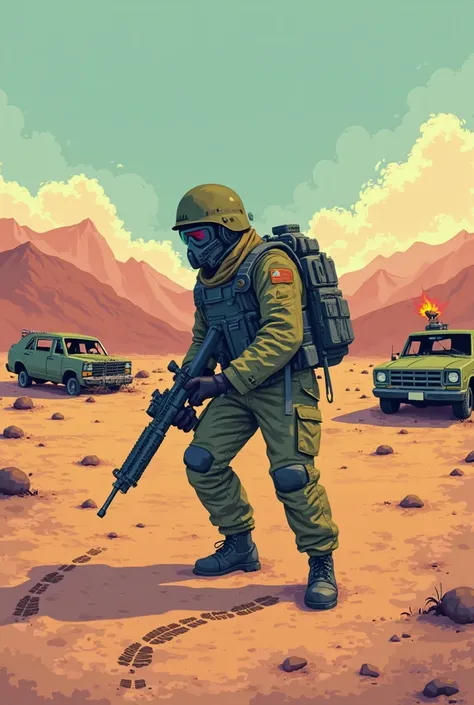 An 8-bit, wearing camouflage military uniform, helmet and holding a crouched rifle tracing the footprints of potential enemies Simple and classic design, with vibrant colors and game-like appearance, Post-apocalyptic desert background with some mountains a...