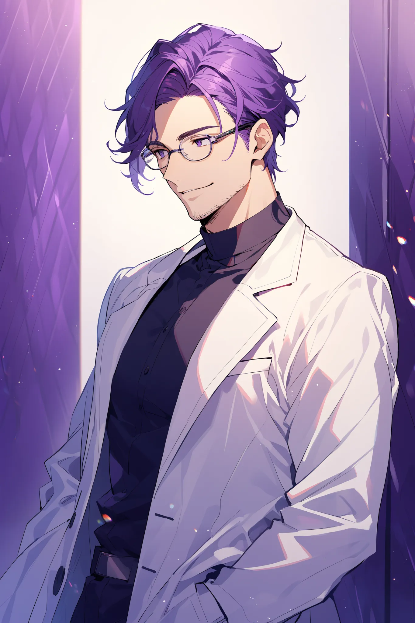 1 handsome man, messy wavy purple hair, white lab coat, black undershirt blouse, 40 years old, average frame, look away, purple eyes, confident professional smile, straight posture, glasses