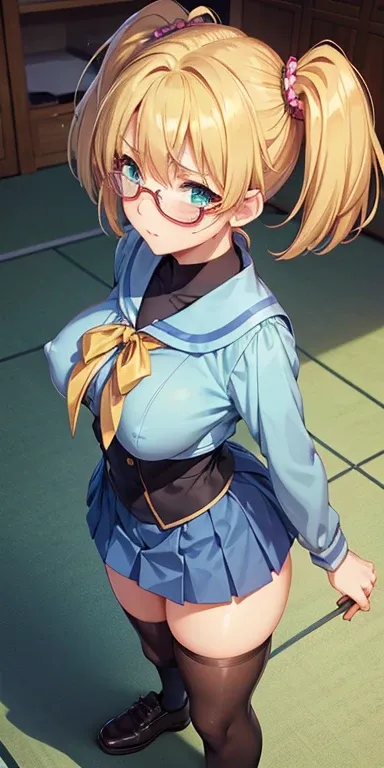  1 female,high definition,dementia,  ultra-realistic  ,8K,Rebecca Hawkins ,  green eyes , blond hair, Short Hair, choke, blows,  twin tails, collectors, glasses,  school uniform, sailor collar,  blue jacket, blue skirt,  short skirts, zettai ryouiki ,Europ...