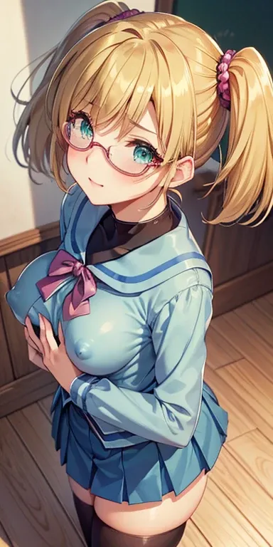  1 female,high definition,dementia,  ultra-realistic  ,8K,Rebecca Hawkins ,  green eyes , blond hair, Short Hair, choke, blows,  twin tails, collectors, glasses,  school uniform, sailor collar,  blue jacket, blue skirt,  short skirts, zettai ryouiki ,Europ...