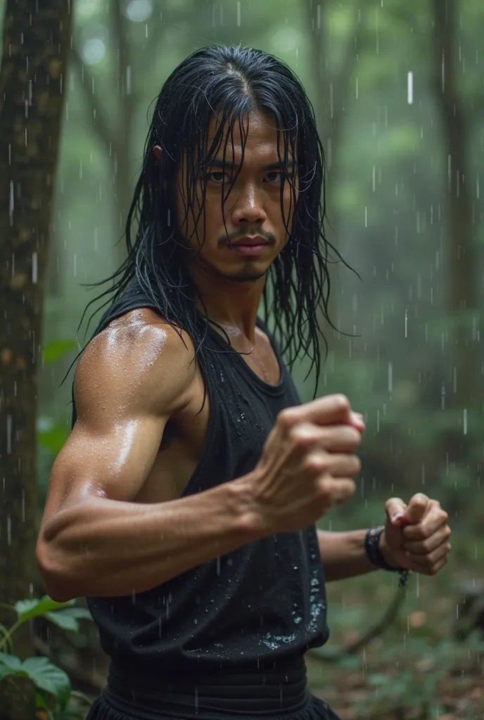 Make me an image of a man with Asian features with long black hair wearing a sleeveless black vest and leaving his muscular piece bare in combat position in a forest under a pouring rain wetting him, In combat position of Kickboxer L 