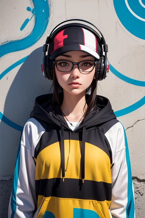 "A captivating and ultra-realistic-style portrait of a trendy Russian women. She stands confidently against a graffiti-covered wall, wearing a vibrant, eye-catching hoodie adorned with cartoon-themed designs and the bold text 'FluxPro.' Her stylish eyeglas...