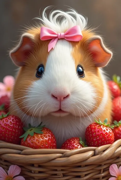 "An adorable guinea pig with bicolored fur in shades of white and brown. It has a white stripe that covers the upper part of its head and part of its face. His eyes are dark,  big and shiny , and its pink snout contrasts with its light fur.  On the top of ...