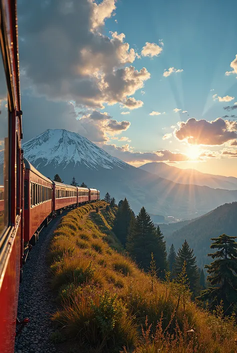  A train that is traveling over the Earth ,crossing the Chimborazo,with a magnificent view of the sun,clear blue clouds,trees wherever you want,and a couple having coffee in a large car with their illusion of tranquility