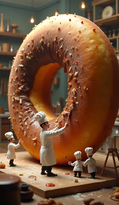 A highly detailed scene shows small chefs making a huge donut, with one chef working on the chocolate coating on top while the others work around the donut