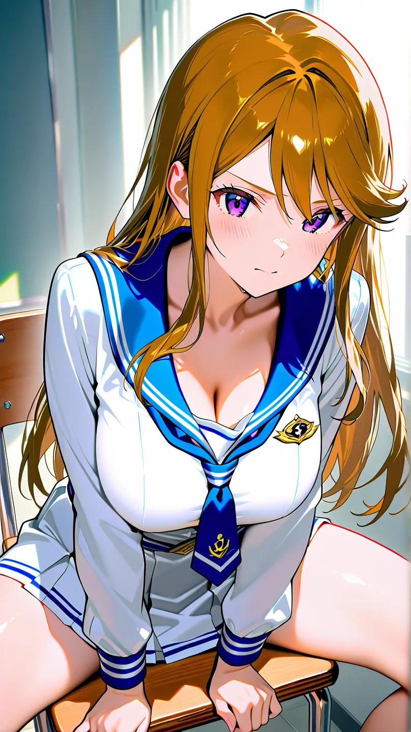 megumi tokoro (million live), long hair, lightbrown hair, purple eyes, large breasts, sailor suit,Sit on a chair