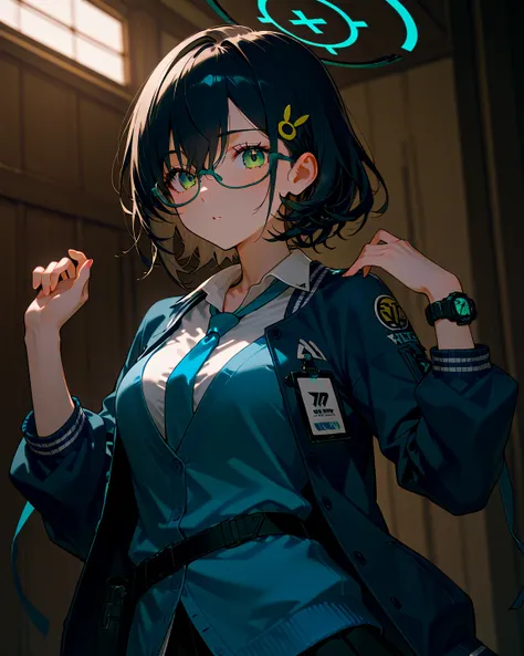  female 1、 Chihiro 、 halo、 dark hair、hair ornaments close to the garden、light green eyes、Blue Framed Glasses、 collared shirt、 Long Sleeve、two-tone stadium jumper、blue tie、blue cardigan between shirt and jumper、ID card、 Watch、belt、pleated skirts that blow o...