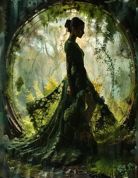 unusual poses, angles. double exposure. in anatomical art style. a girl against a background in a long 3D dress made of moss and lichen. Volume layers. dress with a long flowing train, three-dimensionality, random pictures