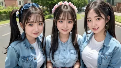 ( 3 girls),smile、   Look into the camera   、    Diamond Necklace、Pigtail  ,  Wear it with a denim skirt, a T-shirt inside. Close-up image    、   flower hair jewelry  、Close your eyes、   Tights、   Masterpieces  , stains   , 8k,   Cute girl ,    youthful fac...