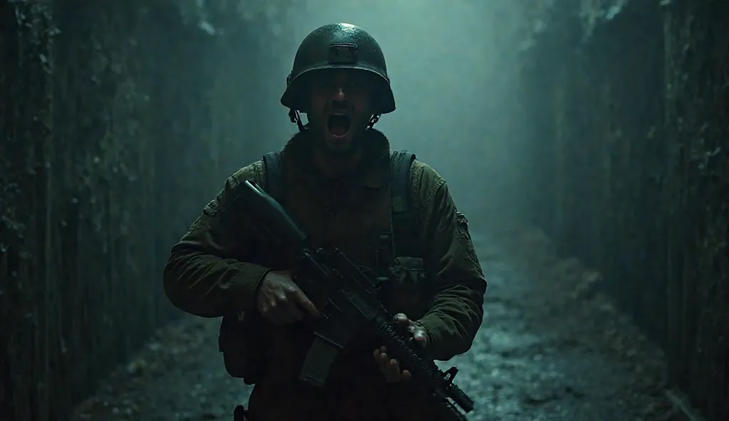 A terrifying scream echoes through the silence of the night. The soldier, alert, readies his gun. (Ultra HD, suspenseful lighting, intense atmosphere)
