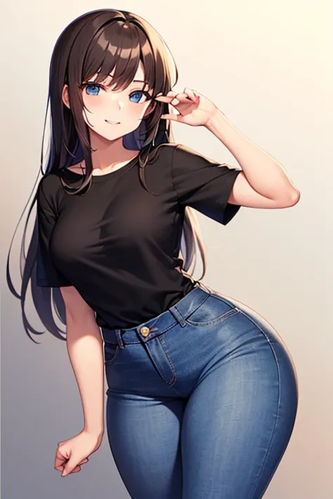 an 18 year old girl, long brown hair, jeans, black tight t-shirt, blue eyes, standing, wide waist, big thighs curves, small breasts, happy, sexy pose