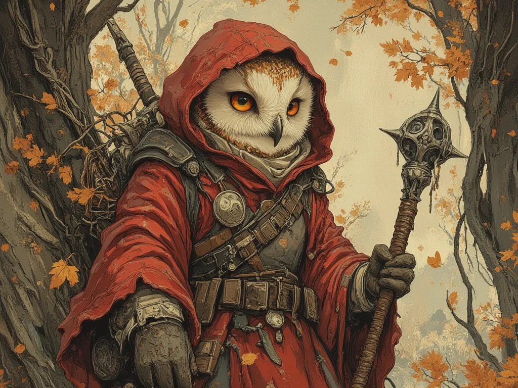 barn owl with hooded robe, autumn, holding a mace, morningstar,  In fantasy art style, masterpiece,  best quality , Super Detail, an epic, 4K, cinematic light, ultra-detailed,  8k resolution ,(high quality, 8k, 4K, high contrast, masterpiece: 1.2, 最high qu...