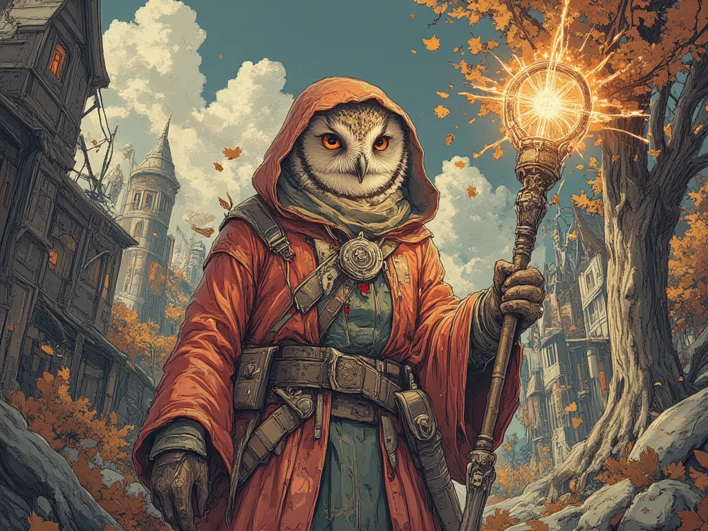 barn owl with hooded robe, autumn, holding a mace, morningstar,  In fantasy art style, masterpiece,  best quality , Super Detail, an epic, 4K, cinematic light, ultra-detailed,  8k resolution ,(high quality, 8k, 4K, high contrast, masterpiece: 1.2, 最high qu...