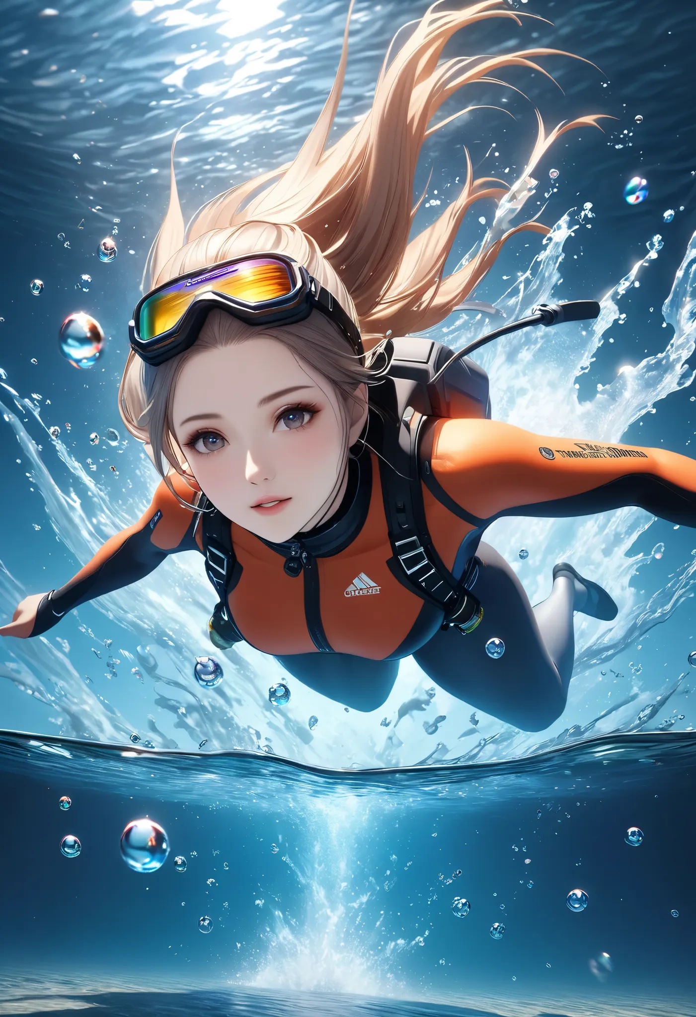 very detailed, high quality,  8k octane,  super detailed, JPEG compression distortion, adult woman jumping underwater, Alone, Directly below the sky, Aerial view, 
speed lines representing an accelerating fall, the impact of landing and splashes of water, ...