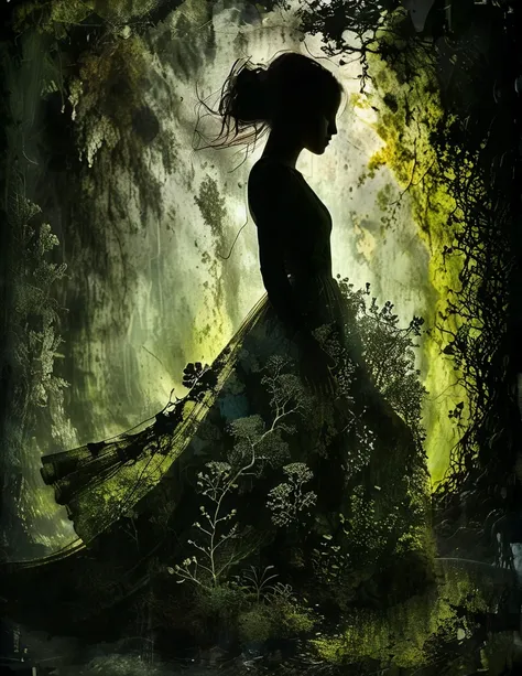 unusual poses, angles. double exposure. in anatomical art style. a girl against a background in a long 3D dress made of moss and lichen. Volume layers. dress with a long flowing train, three-dimensionality, random pictures