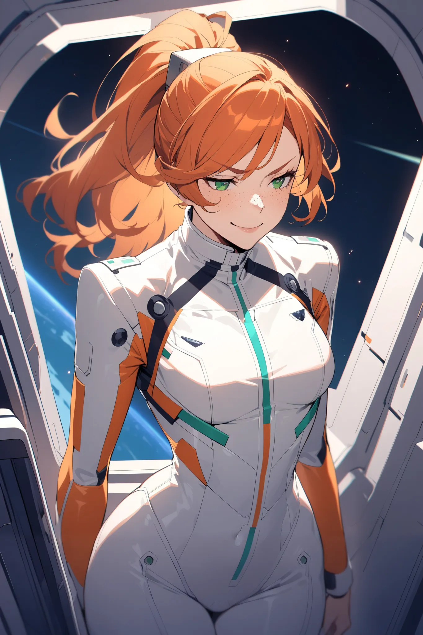 1 beautiful sexy woman, long curled orange hair, high ponytail, freckles, white military futuristic bodysuit uniform,40 years old, slender frame, look away, green eyes, smug confident smile, she is a milf, she is in a space station