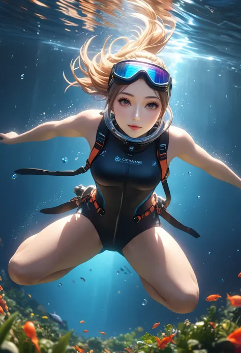 very detailed, high quality,  8k octane,  super detailed, JPEG compression distortion, adult woman jumping underwater, Alone, Directly below the sky, Aerial view, 
speed line representing an accelerating fall, complex and detailed rain, ,Ultra High Definit...