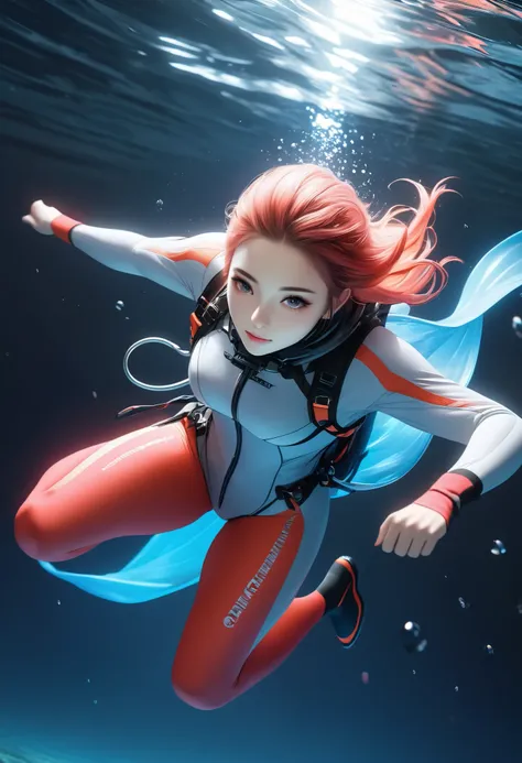 very detailed, high quality,  8k octane,  super detailed, JPEG compression distortion, adult woman jumping underwater, Alone, Directly below the sky, Aerial view, 
speed line representing an accelerating fall, complex and detailed rain, ,Ultra High Definit...