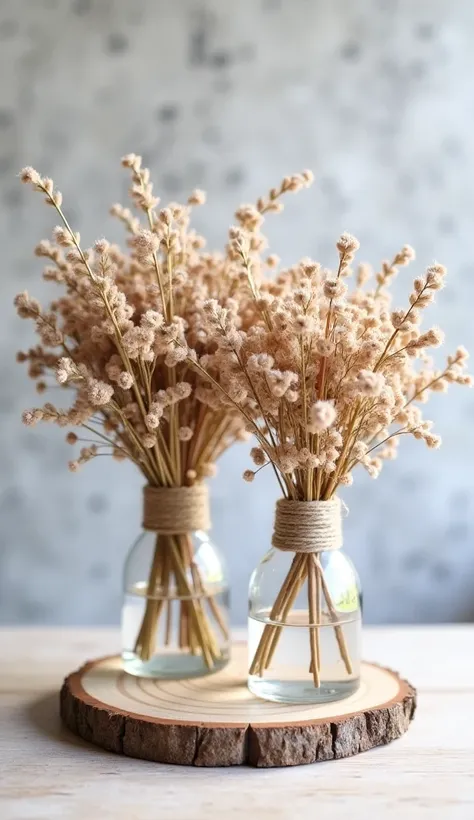 A bouquet of dried flowers, in muted shades of light brown and beige, is arranged in two glass vases. The vases are clear glass and wrapped with light brown jute twine.  One vase is slightly smaller than the other and sits on a wooden slice; the taller vas...