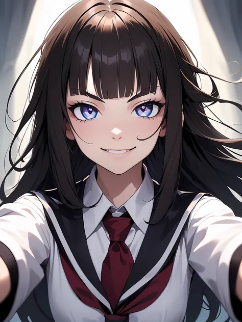 (masterpiece), best quality, expressive eyes, perfect face, girl in love, crazy, dark brown iris, yandere, smirk, crazy eyes, eyes wide open, blunt bangs, black long hair, straight hair, school, solo