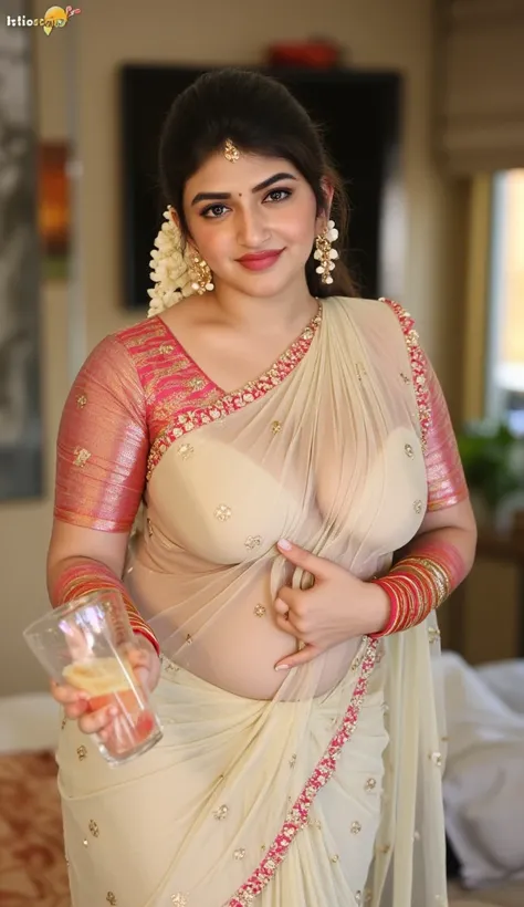 Indian beautiful woman sexy bhabhi, Copper colour strapless Sleeveless blouse,very deep cleavage,curvy plus size model wearing transparent white pink floral color saree ,Copper colour satin glossy strapless sleeveless blouse, plenty of red and white bangle...