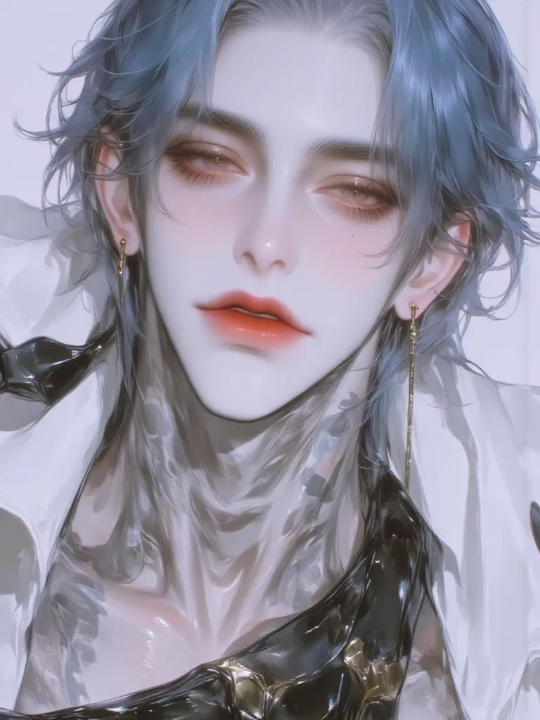 A cool looking guy with blue hair, a dragon tattoo on his right chest down to his waist, wearing a white shirt that shows off his muscles and six-pack, red eyes, and charming gaze.