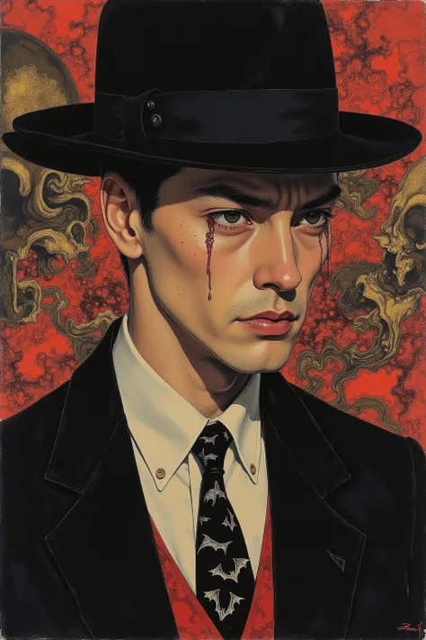 There is a picture of a tearful man wearing a hat, Three-button jacket,button shirt,tie featuring bats,inspired by Rudolf Hausner,  style of hajime Sorayama ,  graphic details , by Rudolf Hausner,occult art , hajime Sorayama design woman,shohei otomo,  ver...