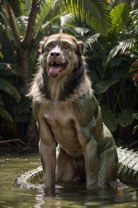 A clever monkey named Kibo stands near the edge of a riverbank in a lush jungle. His fur is golden-brown, his eyes sharp and full of wit. He has a long tail that curls slightly at the end. Opposite him, a large crocodile with dark green, scaly skin and pie...