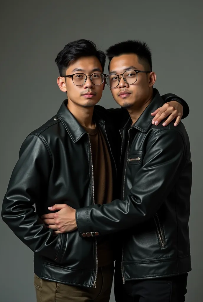 two men, wearing plain black leather jackets and shiny shoes, one thin with black side parted undercut hair "not long but short hair" standing hugging behind, the other short fat body wearing glasses in front of him with his hands embracing, Indonesian fac...