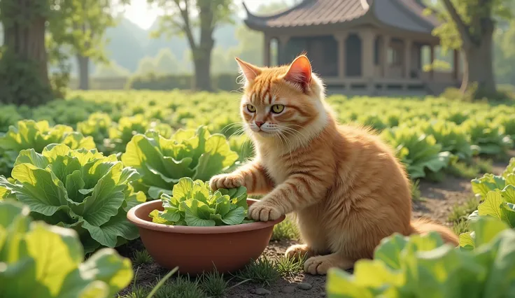 A fluffy orange tabby cat with human-like posture and expressions, determined look, using a small clay bowl filled with water to rinse fresh green cabbage leaves, a lush green cabbage field stretches under the soft sunlight, a traditional countryside house...