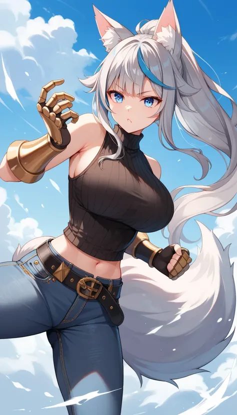 masterpiece, TOP QUALITY, insanely detailed, 1 girl, 
baby face, fighting stance, (Black and gold color gorgeous gauntlets),
Expressive Eyes, blue eyes, cool eyes, 
ponytail, big hair flaps,  Silver Hair, 
Big Breasts, 
Sky Blue ((streaked hair)), highligh...